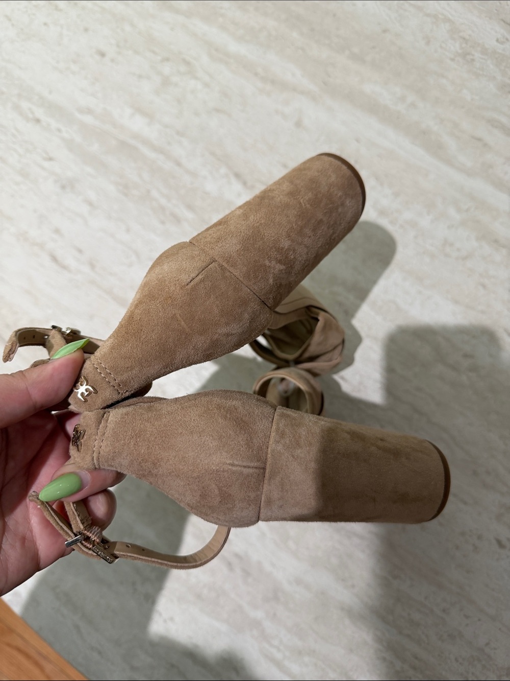 Sam Edelman Taupe Suede Twist Ankle-Strap Block Heels - Picture 2 of 4
